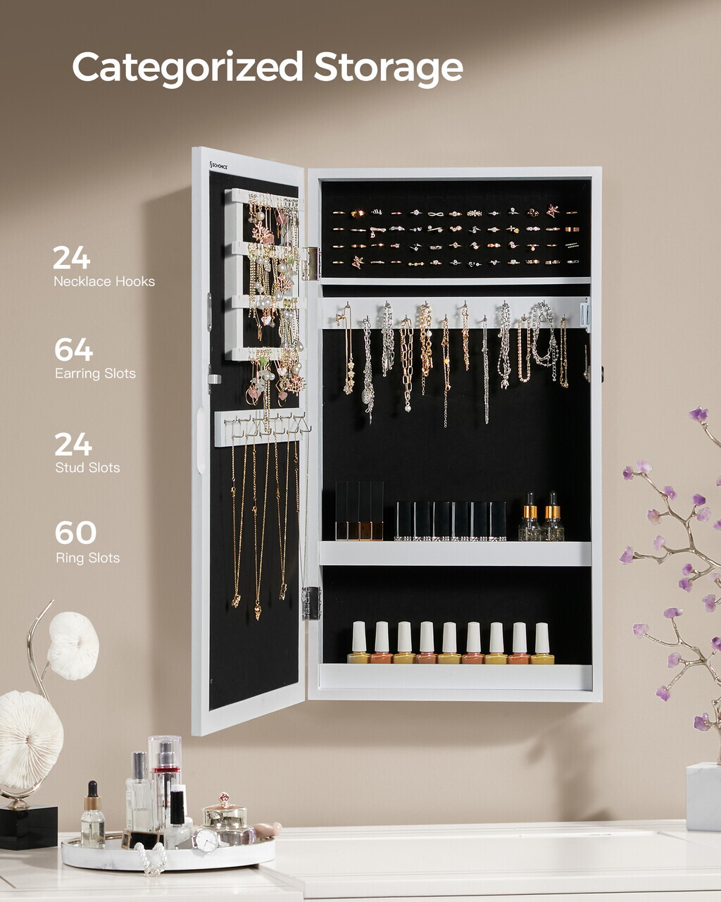 Cabinet pentru bijuterii cu oglinda si fixare pe perete, Songmics, MDF, 37x10x67 cm, alb — imaginea 7
