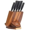Set cutite 6 piese, Zokura, suport rotativ + suport tableta, inox/lemn acacia