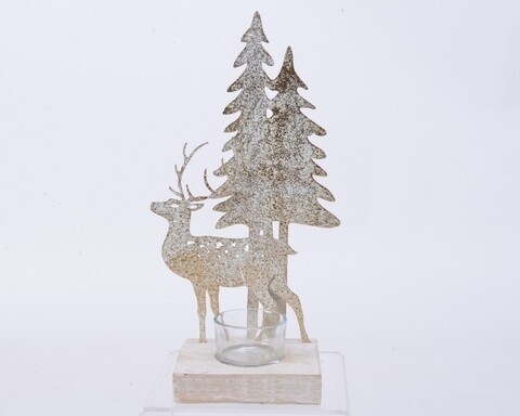 Suport pentru lumanare Deer and Trees, Decoris, 9x15x27 cm, metal, alb/auriu
