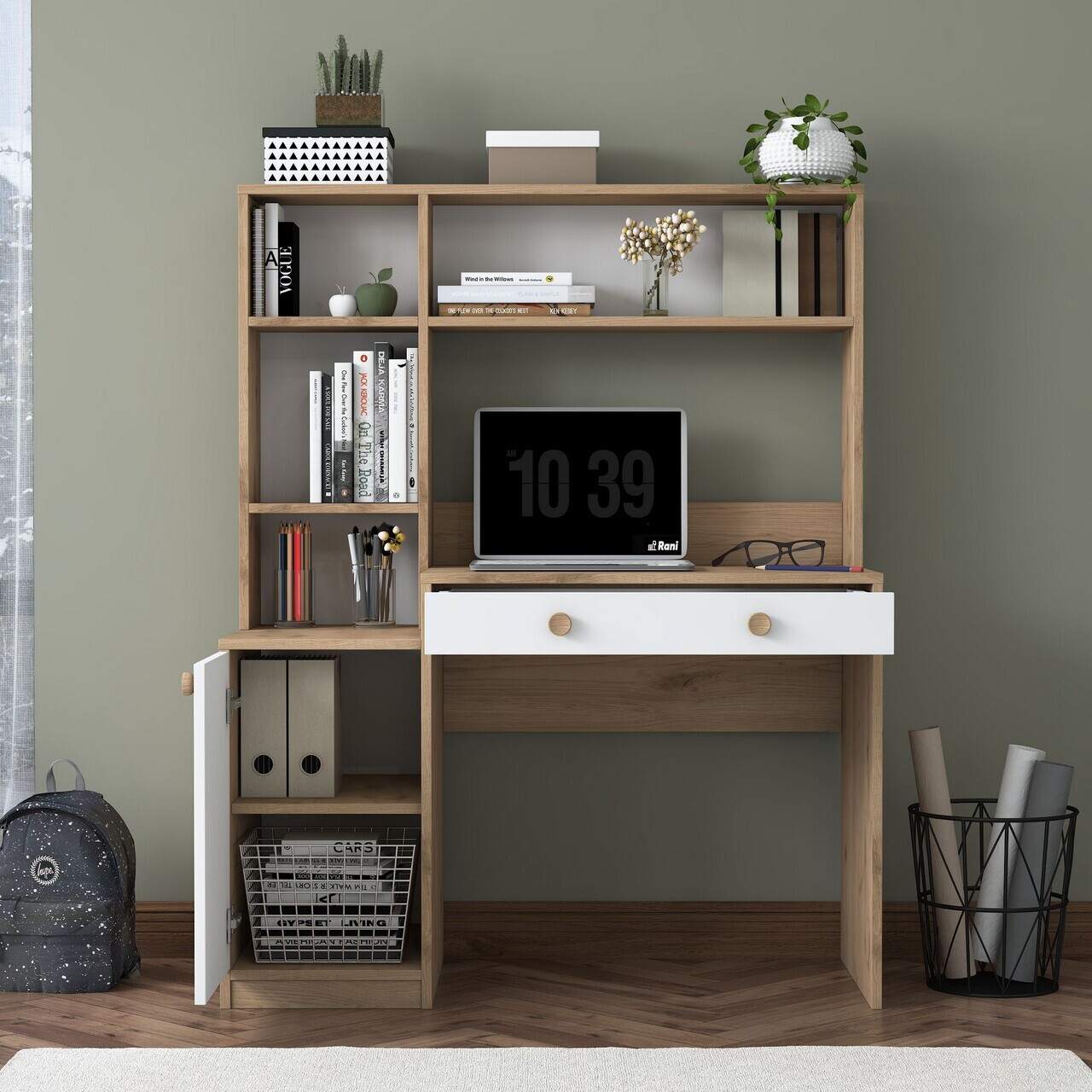 Set birou si biblioteca, Hanah Home, HA126, 115x146x50 cm, PAL melaminat, Nuc/Alb - view 6