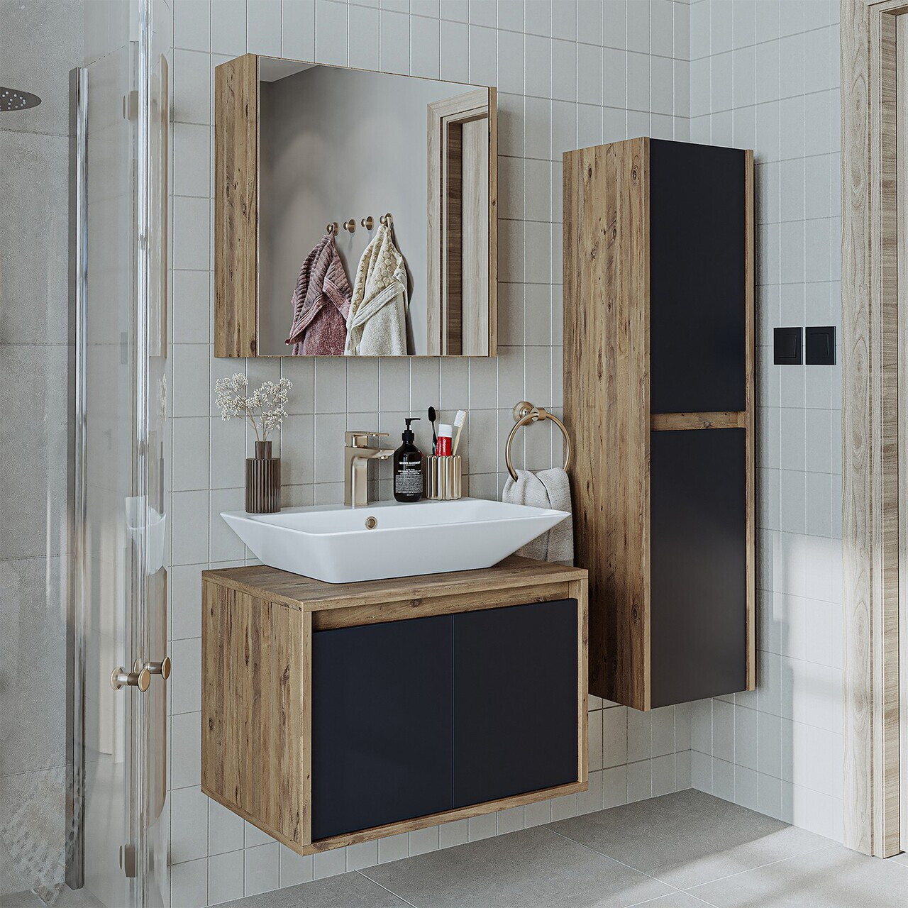 Set Dulap de Baie cu Chiuvetă și Oglindă (3 Piese), Hanah Home, 1702, MDF-LAM, Pin Atlantic / Antracit