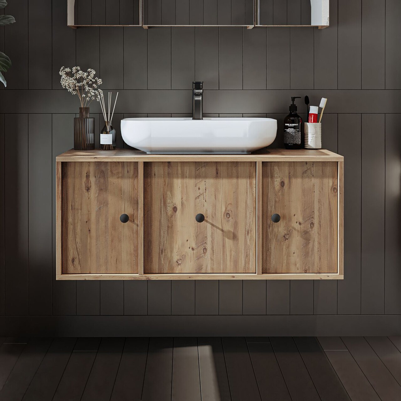 Dulap de baie cu chiuvetă, Hanah Home, 2564, 105x58x45 cm, MDF, Maro