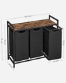 Cos de rufe cu 3 compartimente si raft depozitare, Vasagle, 92.5x33x72 cm, 3x38L, MDF/otel, maro/negru