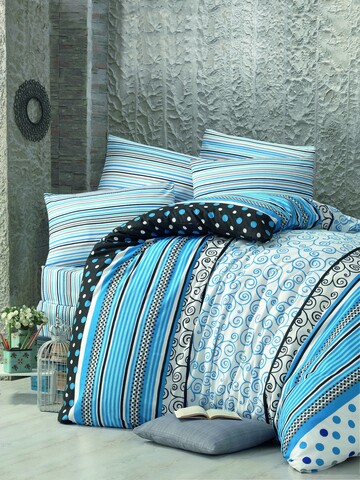 Lenjerie de pat dubla, victoria, point poly, 4 piese, amestec bumbac, albastru