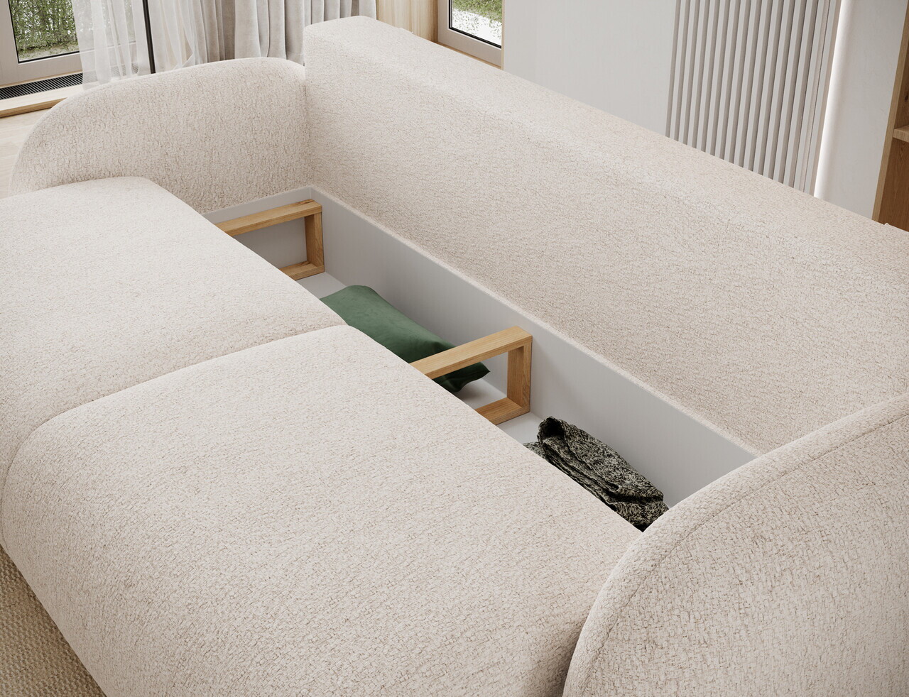 Canapea extensibila 3 locuri ELTAP, Avuela, 250x105x94 cm, lemn/tesatura chenille, alb murdar — imaginea 7