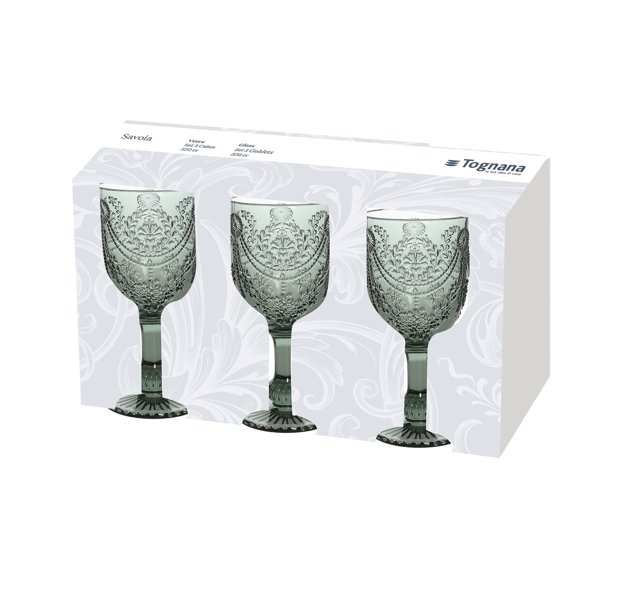 Set 3 pahare cu picior Savoia, Tognana Porcellane, 320 ml, sticla, gri