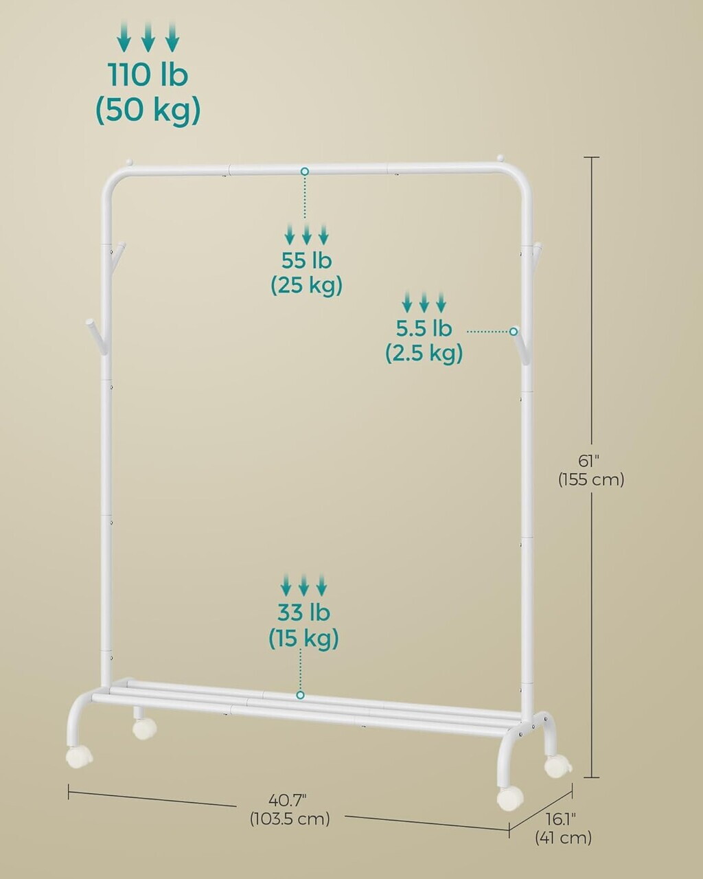 Suport pentru umerase, Songmics, cu roti, 103.5x41x155 cm, otel, alb - imagine 3