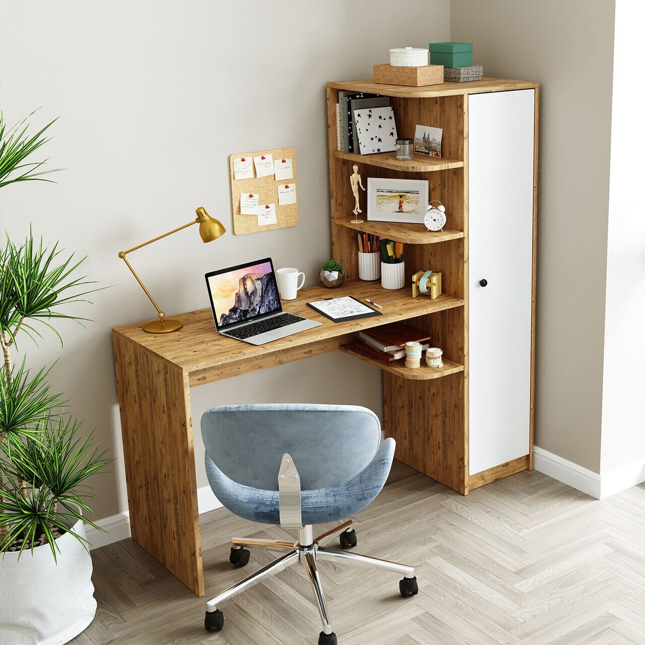 Set birou si biblioteca, Hanah Home, 2073, 143.2x143.2x50 cm, PAL MELAMINAT, Pin Atlantic / Alb — imaginea 3