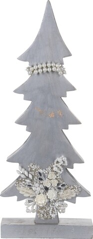 Poza Decoratiune Xmas Tree w pearls , 17x5.8x43 cm, lemn de mango, alb/argintiu