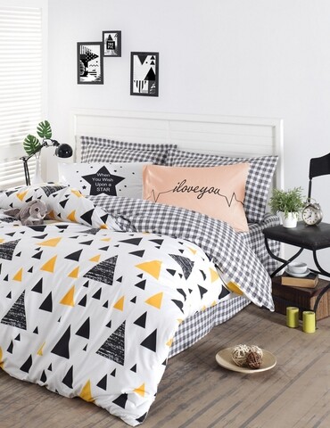 Lenjerie de pat dubla King Size, EnLora Home, Ilove Black Yellow, 4 piese, 100% bumbac ranforce, multicolor EnLora Home