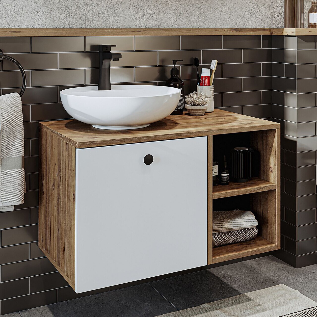 Dulap de baie cu chiuvetă, Hanah Home, 2456, 75x58x45 cm, MDF, Pin Atlantic / Alb — imaginea 3