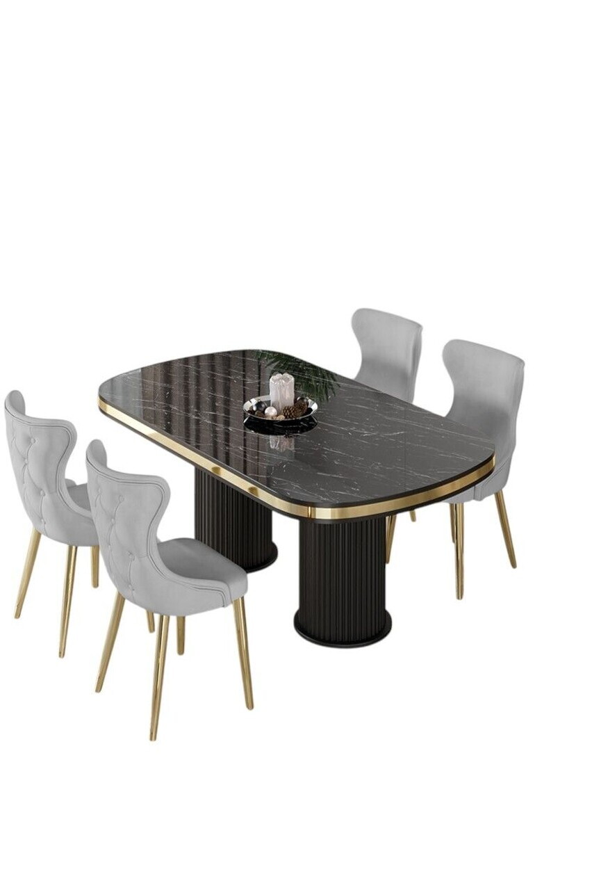 Set masa si scaune (5 piese), Hanah Home, Galya, Model de marmură neagră / Auriu / Gri — imaginea 2