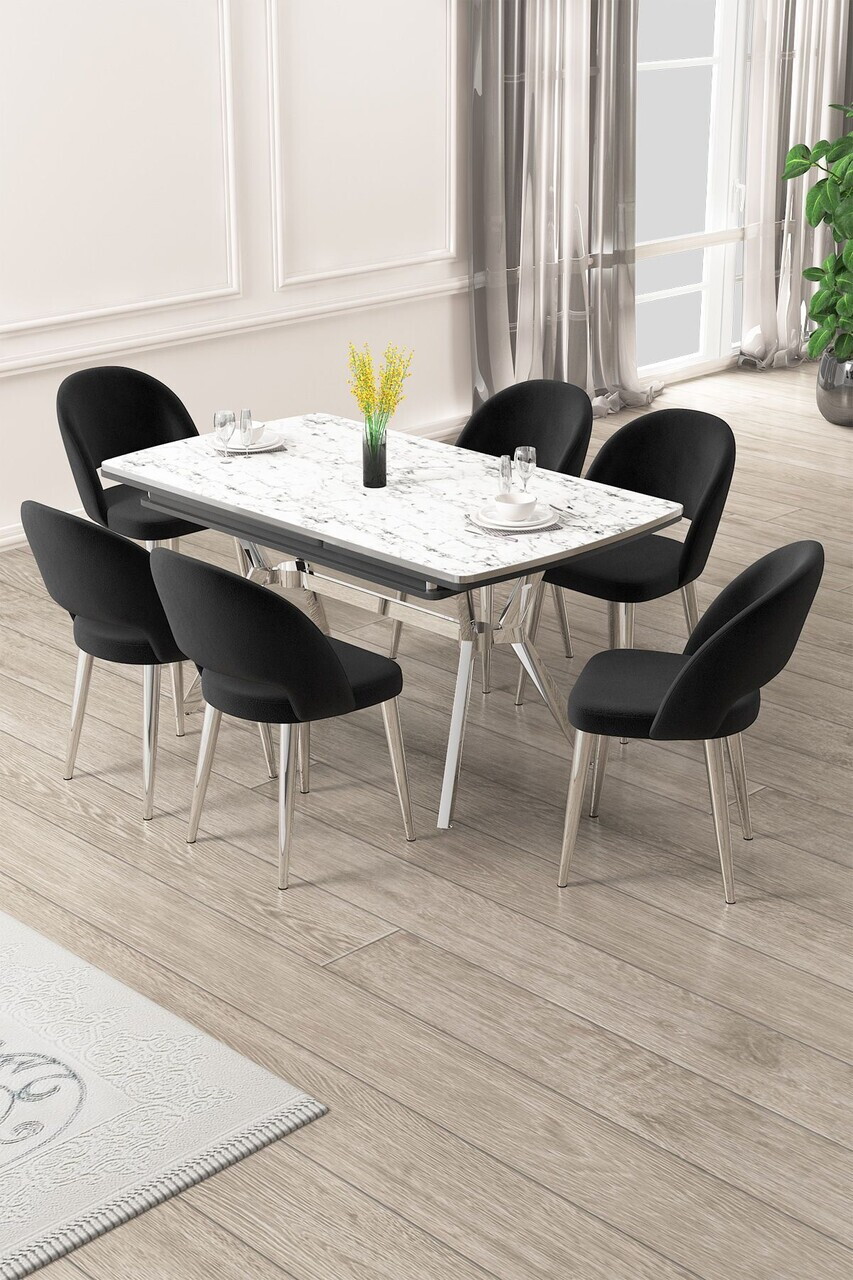 Set masa extensibila si scaune (7 piese), Hanah Home, Weps, Model de marmură albă / Crom / Negru