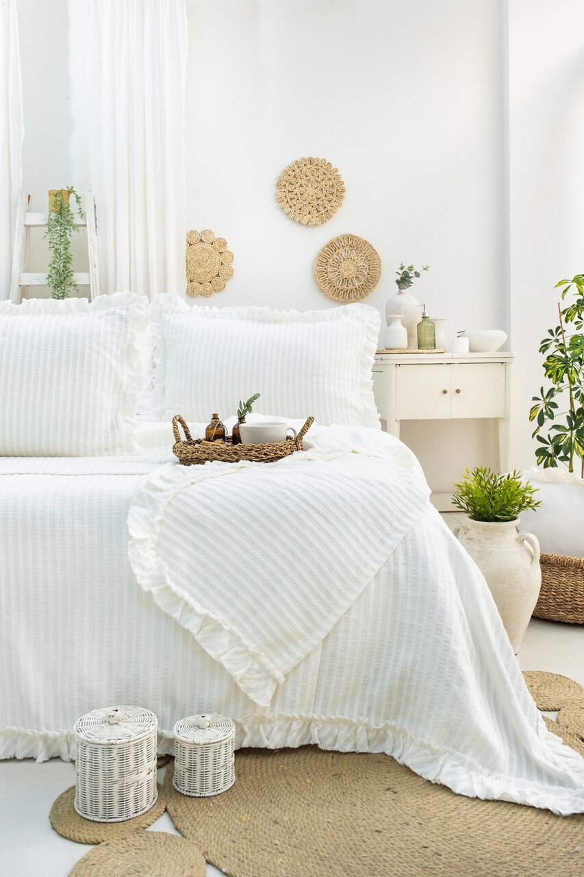 Set cuvertura pique dubla, Martha - Cream, Şaheser, Bumbac