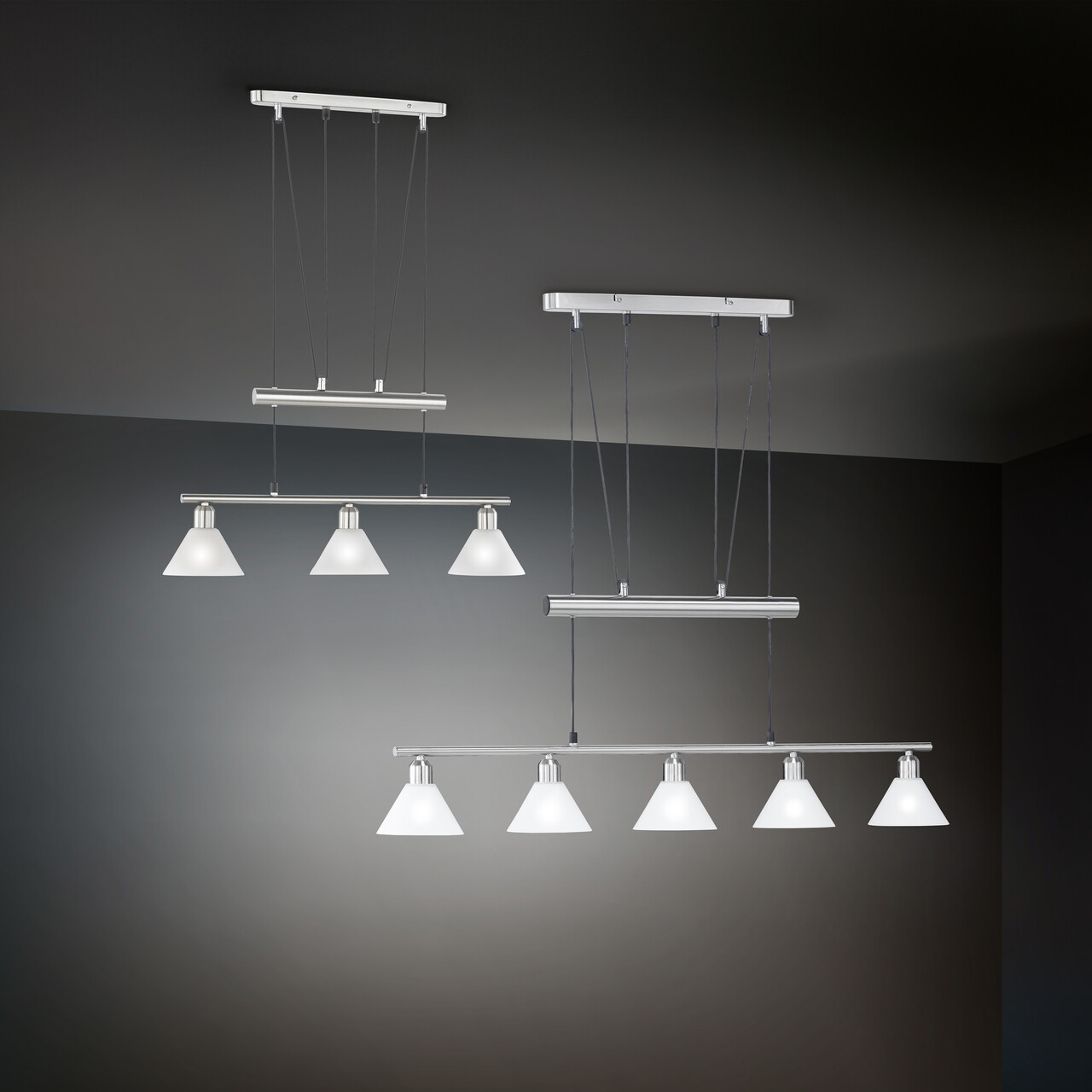 Lustra Stamina, TRIO, 102x14x180 cm, 40W, 5x E14, metal, nichel mat