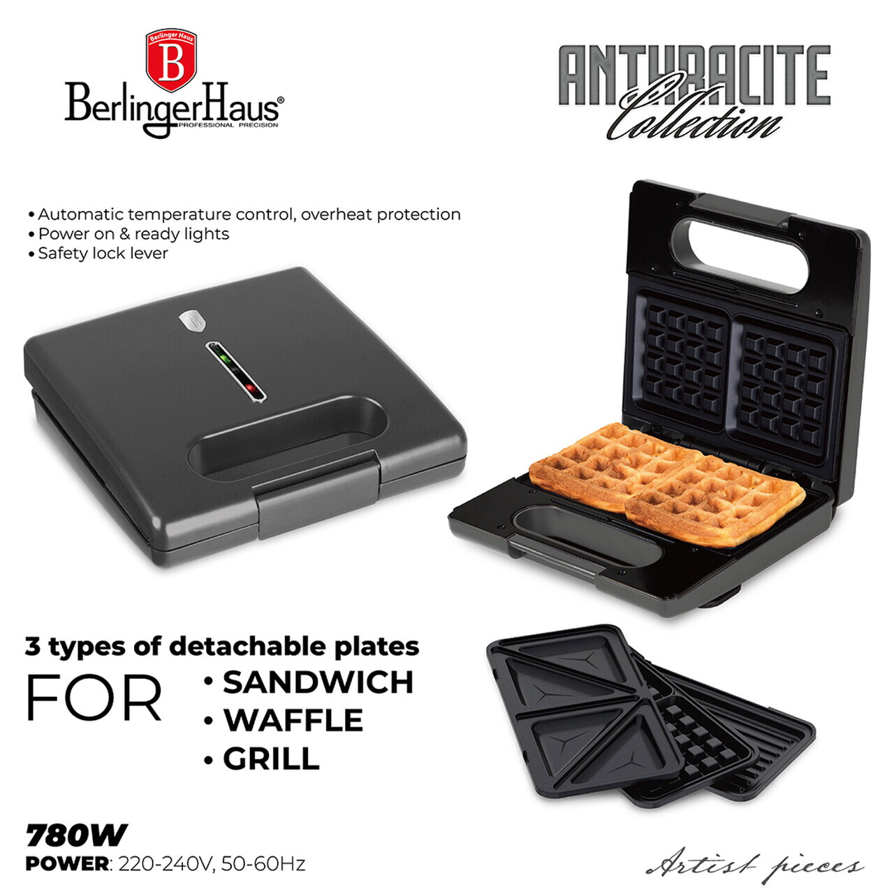 Sandwich maker 3 in 1 Berlinger Haus, Anthracite, 22.5x13 cm, aluminiu, antracit mat - view 6