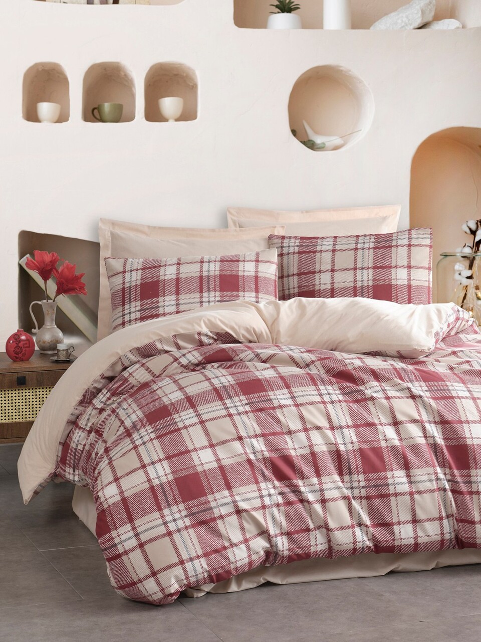 Lenjerie de pat dubla, Ekose - Red, EnLora Home, 65% bumbac/35% poliester
