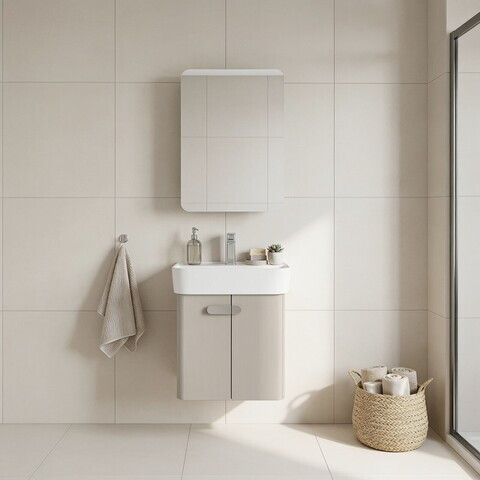 Set Dulap de Baie cu Chiuvetă și Oglindă (2 Piese), Hanah Home, Orbit 55, Bej