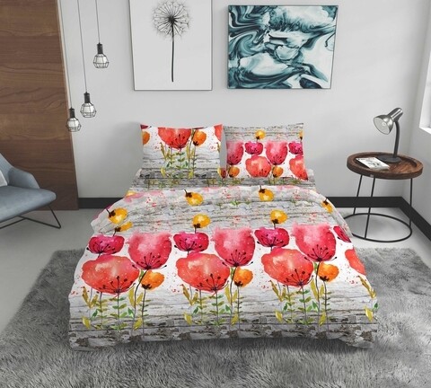 Lenjerie de pat dubla Poppies, Bedora, 4 piese, 200x220, 100% bumbac, multicolor