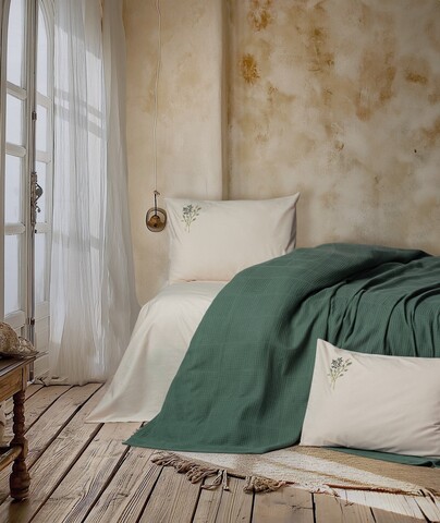 Set cuvertura pique Single, Sophia - Green, Cotton Box, Bumbac