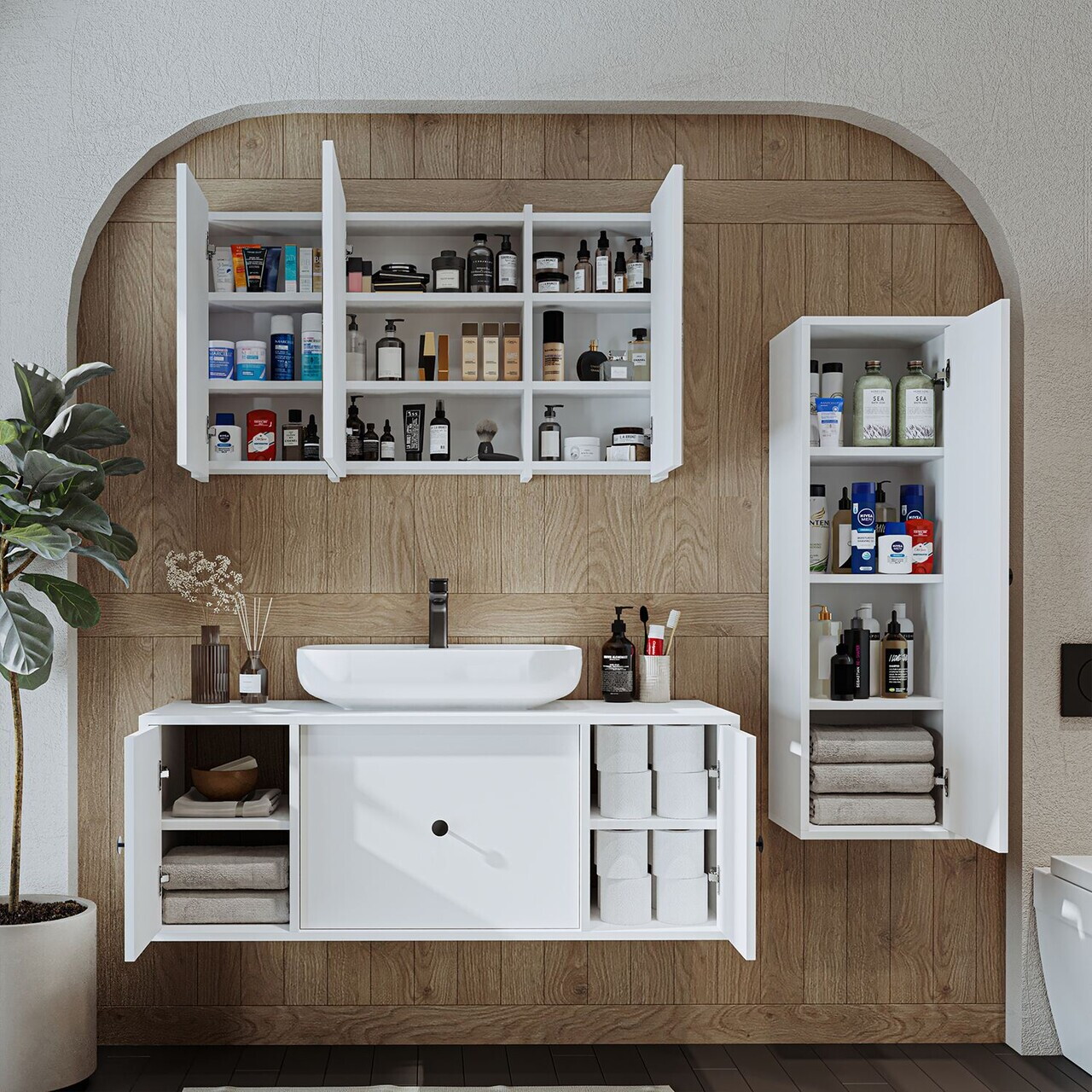 Set Dulap de Baie cu Chiuvetă și Oglindă (3 Piese), Hanah Home, 2571, MDF, Alb — imaginea 4