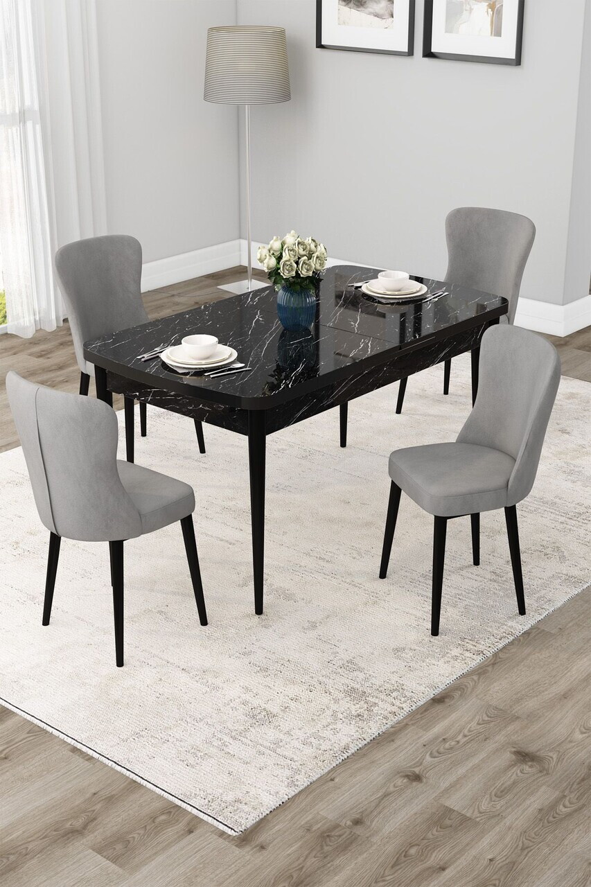 Set masa extensibila si scaune (5 piese), Hanah Home, Due, Model de marmură neagră / Gri