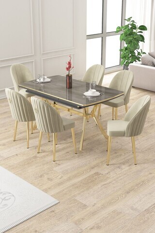 Set masa extensibila si scaune (7 piese), Hanah Home, Sim, Antracit / Auriu / Crem