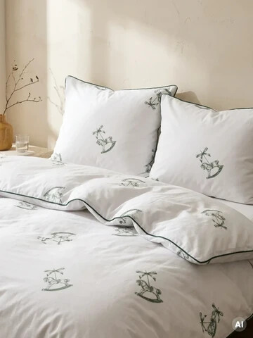 Lenjerie de pat King Size, Navo, Homla, 200x220 cm, 3 piese, bumbac, alb/verde