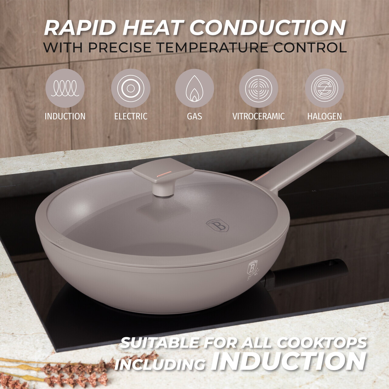 Tigaie Wok cu capac Berlinger Haus, Taupe, 28 cm, 3.2 L, aluminiu forjat, taupe mat - imagine 9