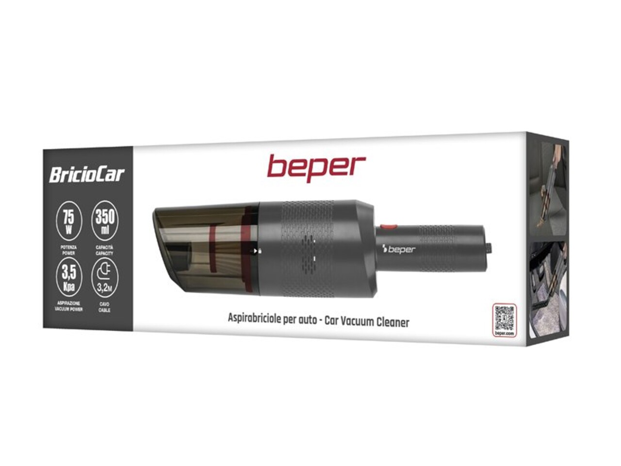 Aspirator de masina Beper, 75W, 3.5 Kpa, 350 ml, 36.5x9.5x10.5 cm, gri