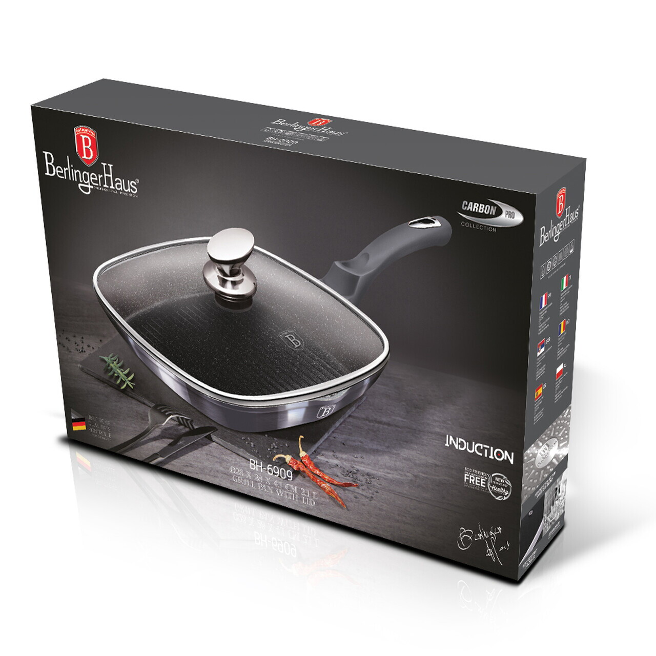 Tigaie grill cu capac Berlinger Haus, Carbon Pro, 28 cm, 2.1 L, aluminiu forjat, gri inchis - imagine 12