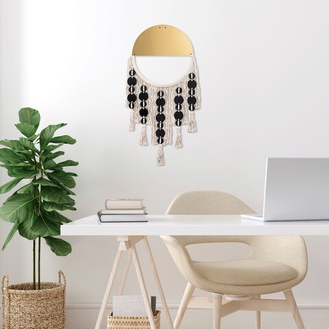 Decoratiune de perete, ivamac, macrame, metal, auriu / alb / negru