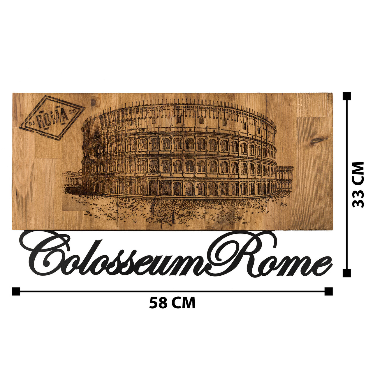 Decoratiune de perete, Colosseum, lemn/metal, 58 x 33 cm, negru/maro