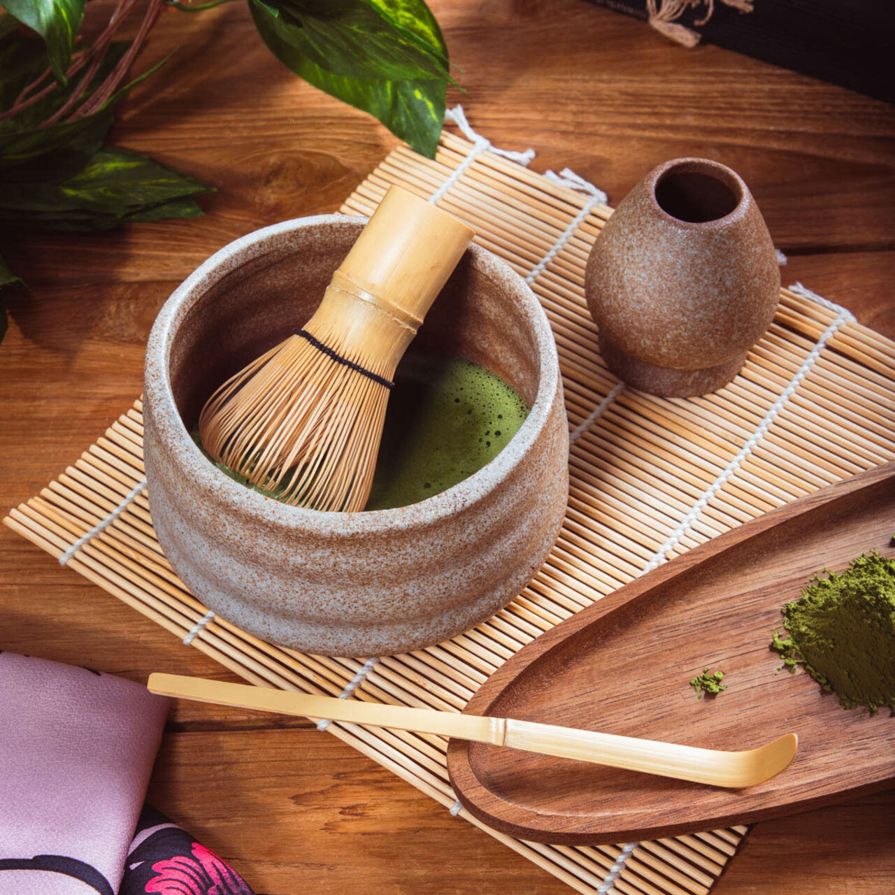Set 4 piese pentru matcha Yunomi Homla 12.7x10.5 cm portelan/bambus gri/natur