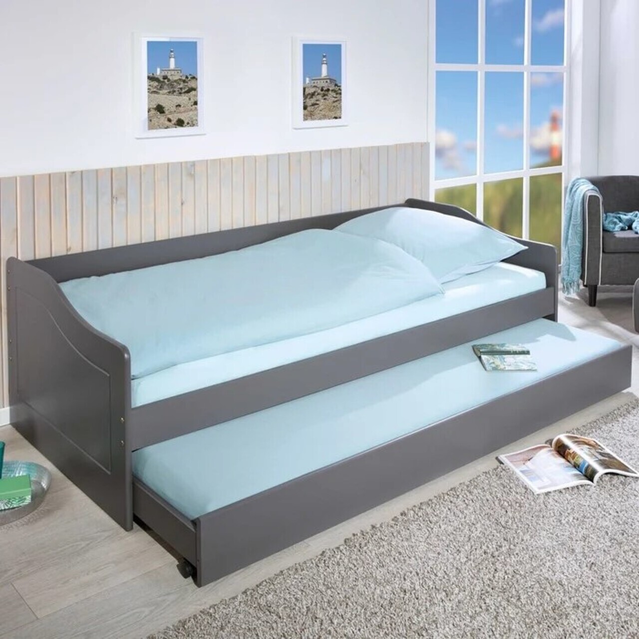 Pat multifunctional pentru o persoana, 90x200 cm, Leonie 23, Inter Link, lemn, gri - imagine 11