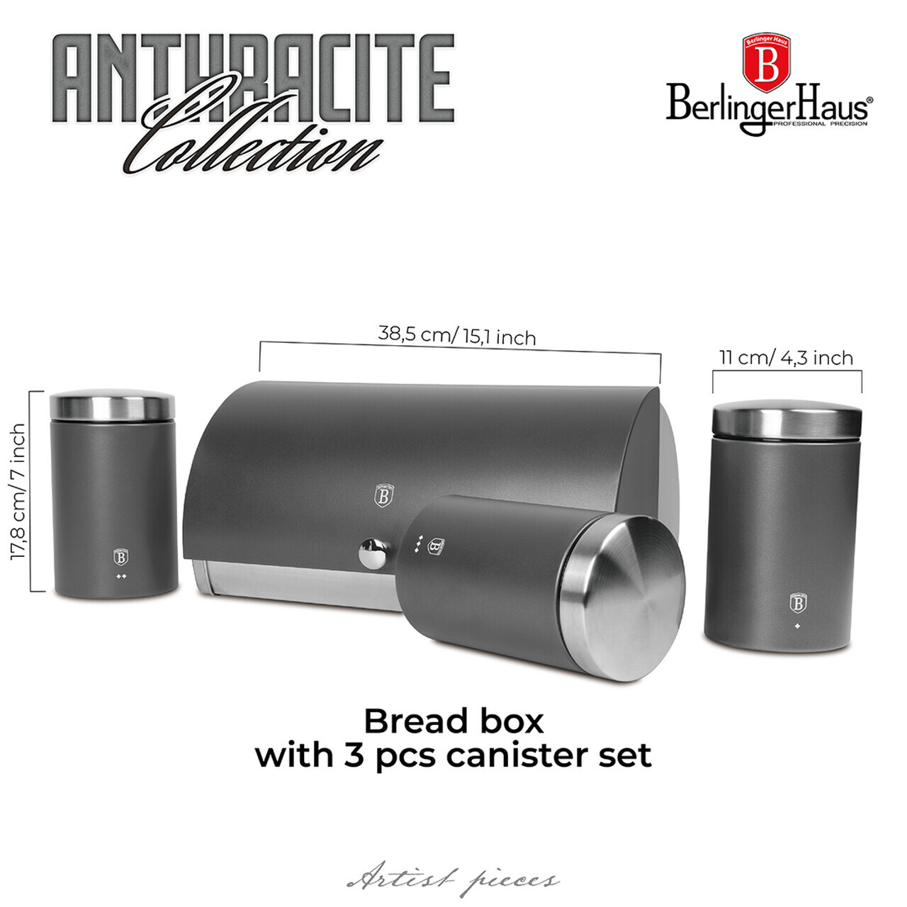 Set cutie pentru paine si 3 recipiente Berlinger Haus, Anthracite, 38.5x28x18.5 cm, inox, antracit mat/argintiu - imagine 7