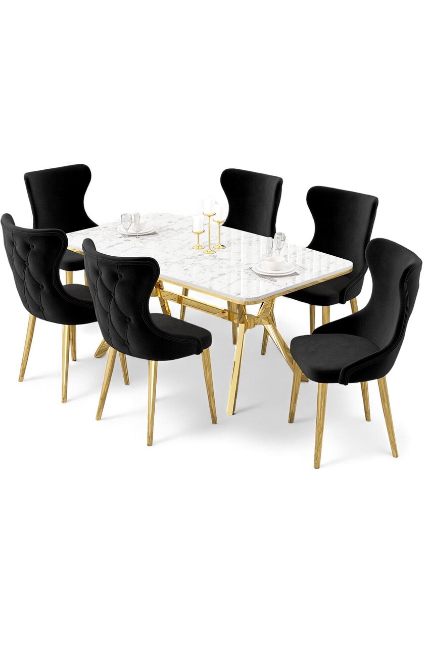 Set masa extensibila si scaune, Hanah Home, Esla, Marmură albă / Auriu / Negru - view 2