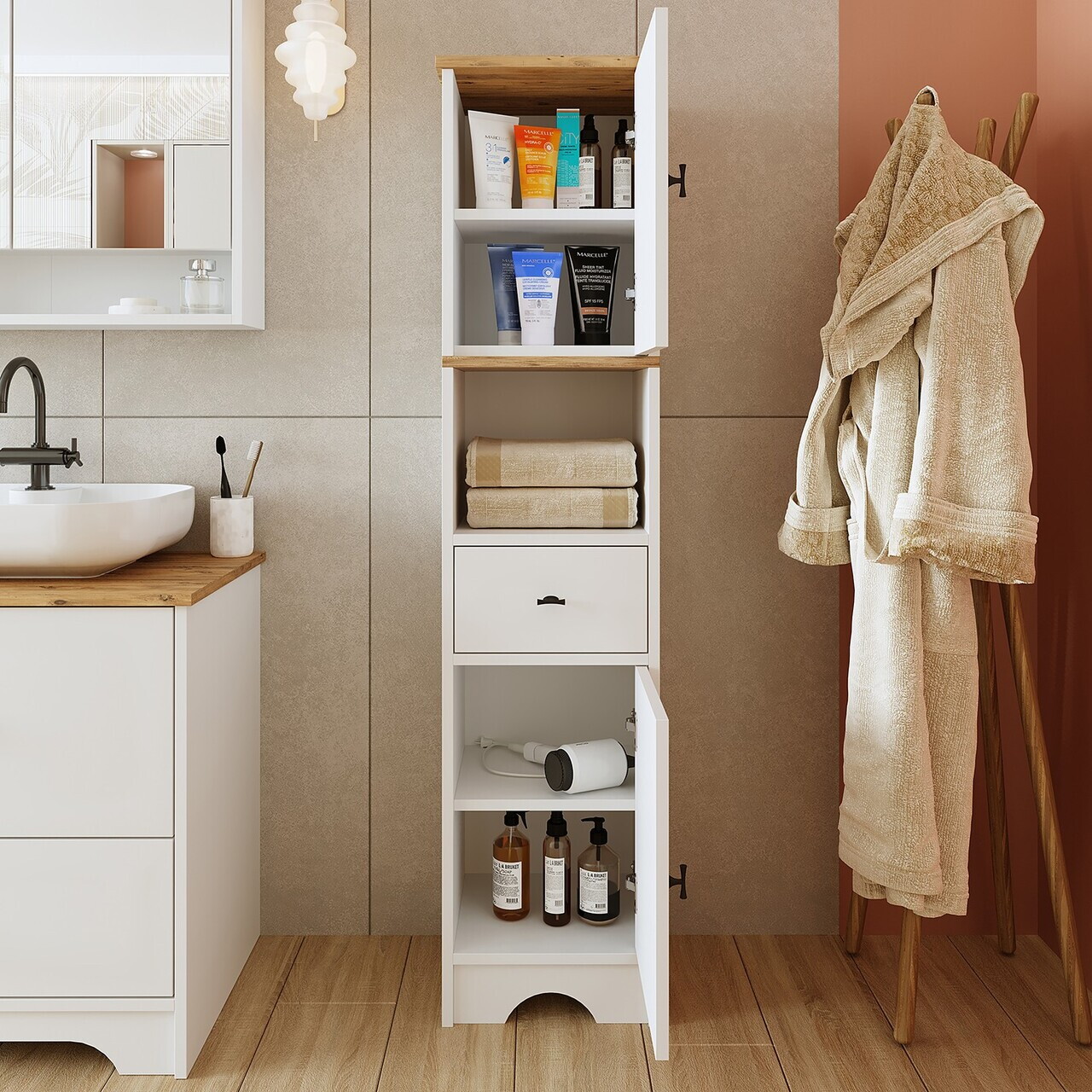 Dulap de baie, Hanah Home, 2388, 37x155.6x31 cm, MDF-LAM, Alb mat — imaginea 4
