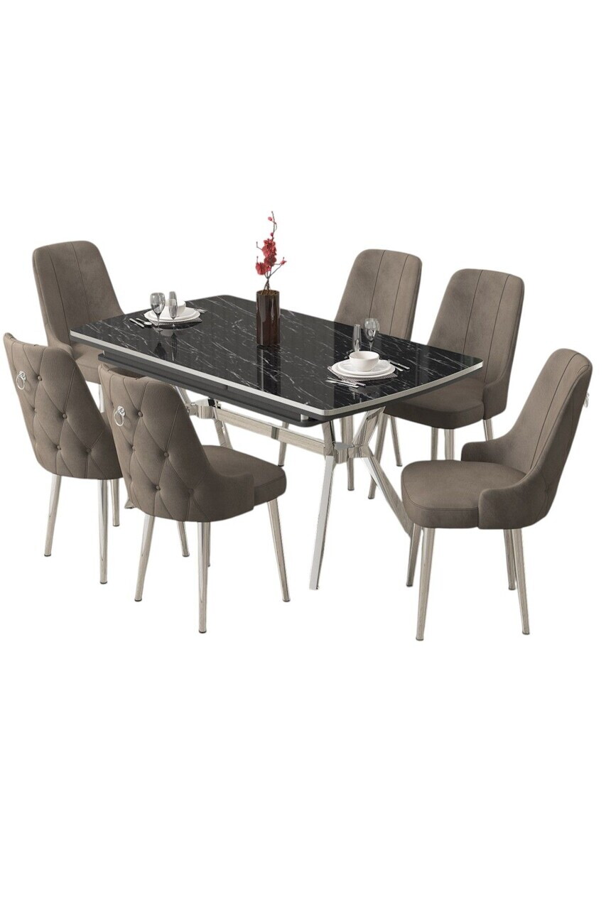Set masa extensibila si scaune (7 piese), Hanah Home, Nis, Model de marmură neagră / Crom / Cappuccino — imaginea 2