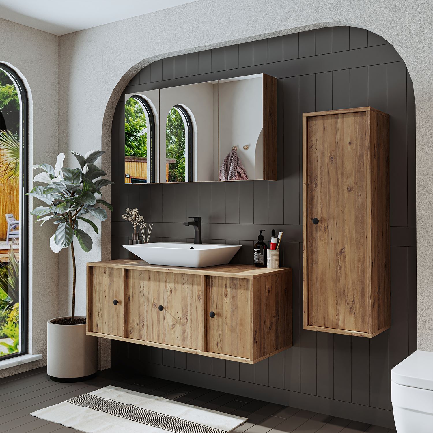 Set Dulap de Baie cu Chiuvetă și Oglindă (3 Piese), Hanah Home, 2559, MDF, Maro