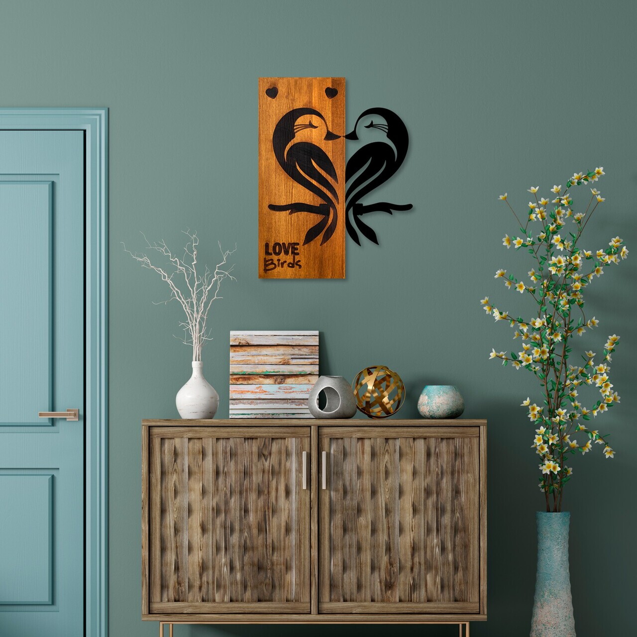 Decoratiune de perete, Love Birds 5, Lățime: 45 cm Înălțime: 58 cm Adâncime: 3 cm, Nuc / Negru — imaginea 4