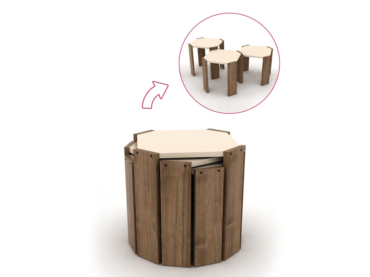 Set 3 Masute Rafevi Hansel Nesting, 44.5 X 44.5 X 41 Cm, PAL, Walnut/crem