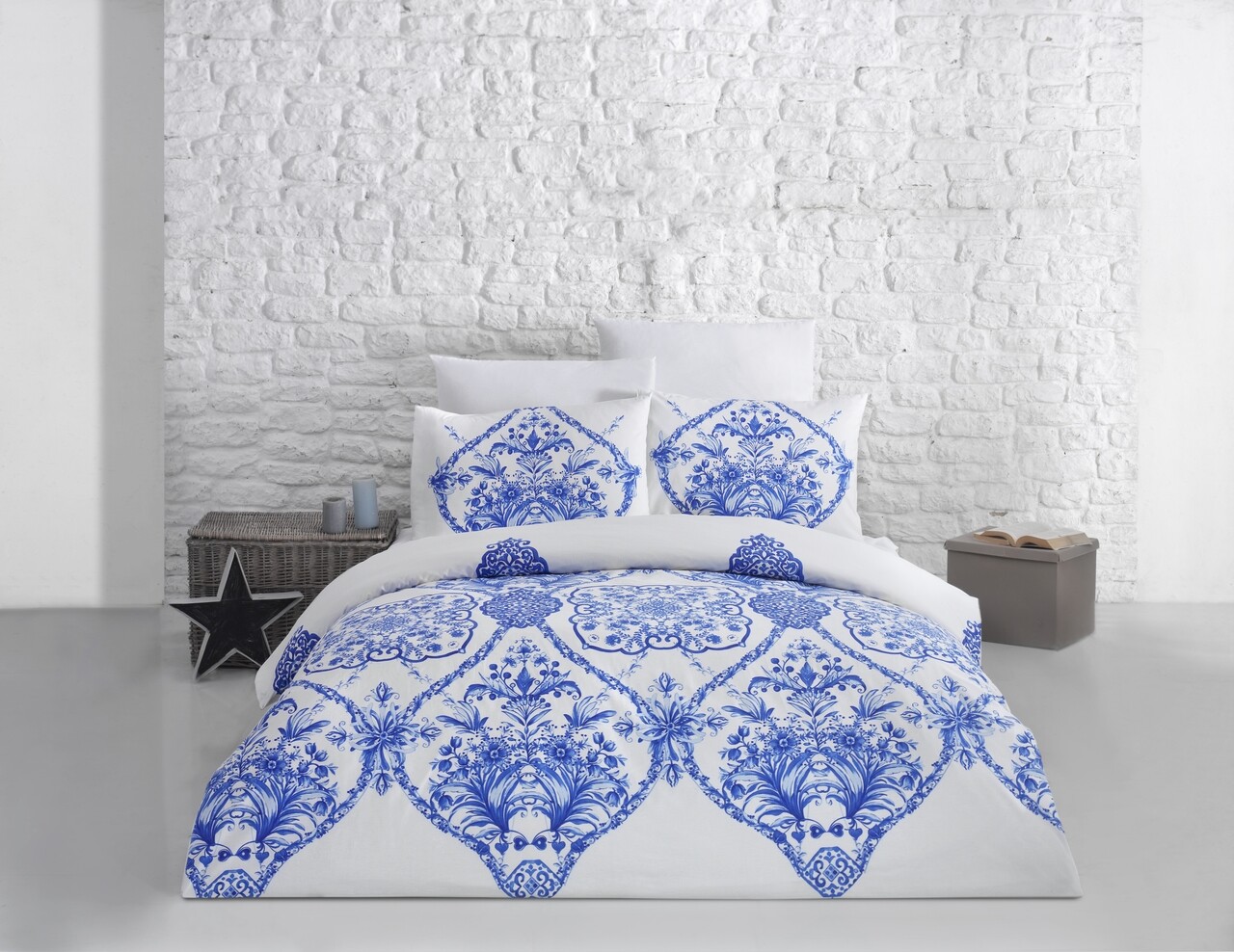 Lenjerie De Pat Dubla Blue, Majoli Home Collection, 4 Piese, 200x220 Cm, 100% Bumbac Ranforce, Albastru