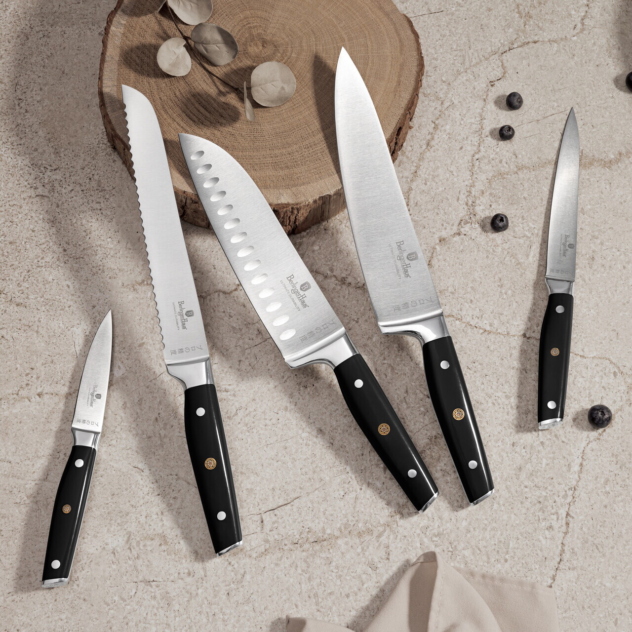 Set 5 cutite cu suport Berlinger Haus, Matte Black, inox/bambus, negru/natur - imagine 4