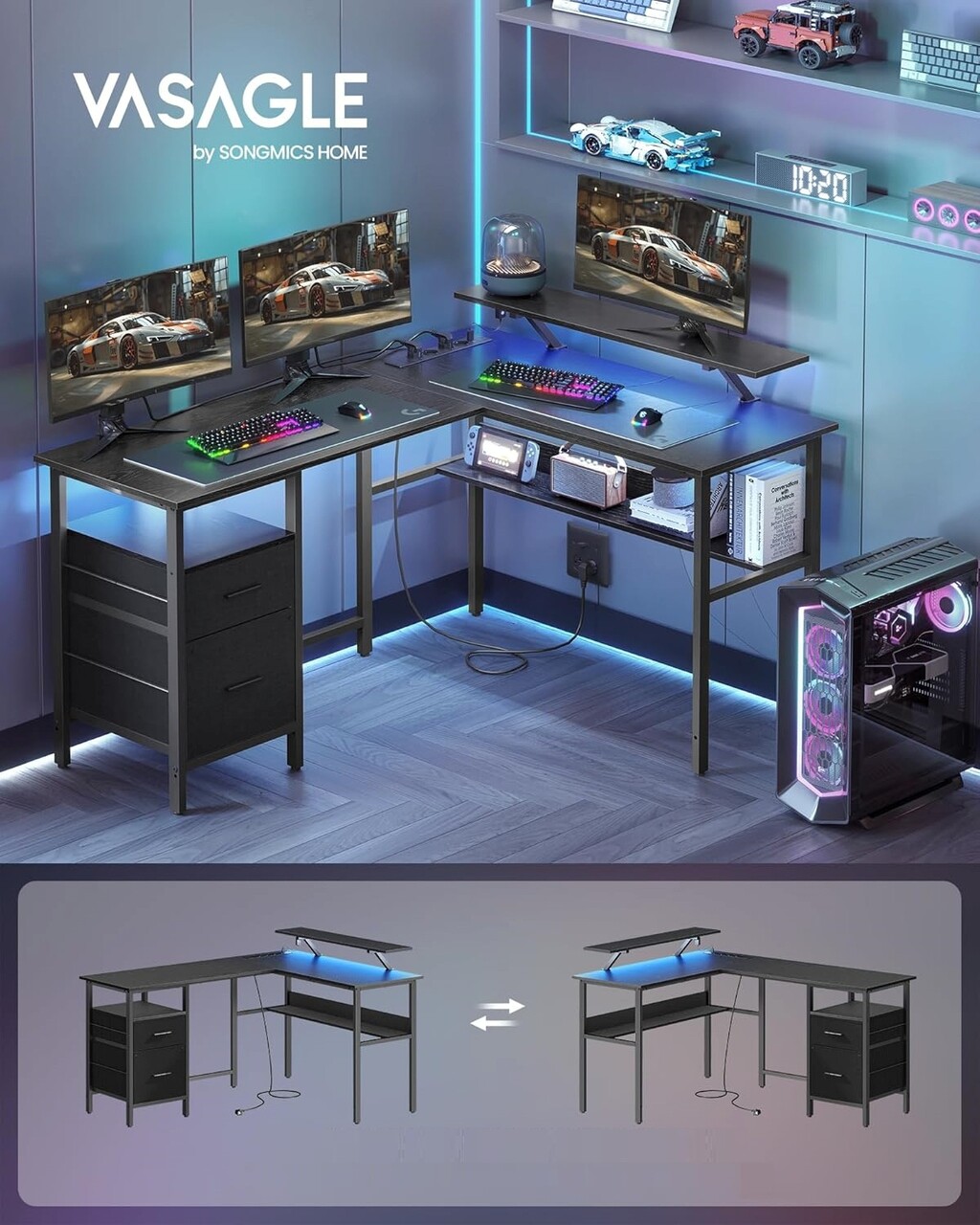 Birou in forma de L / birou de colt, Vasagle, Gaming Desk, cu suport monitor, sertare, priza incorporata si porturi USB, 120x150x89 cm, PAL/otel, negru