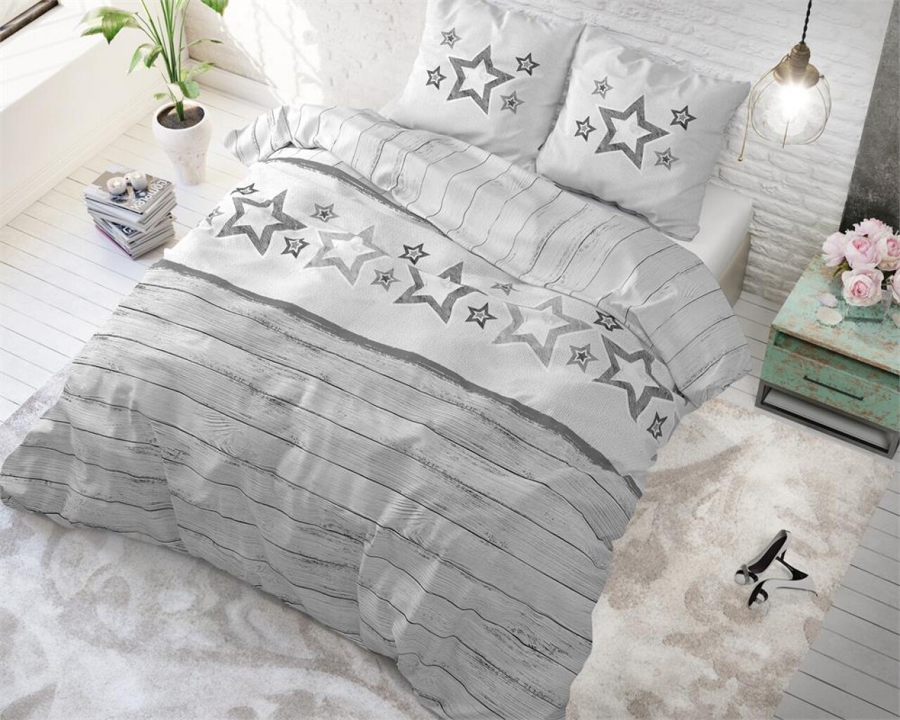 Lenjerie De Pat Dubla Stars And Stars Grey, Sleeptime, 3 Piese, Cotton Blended, Gri