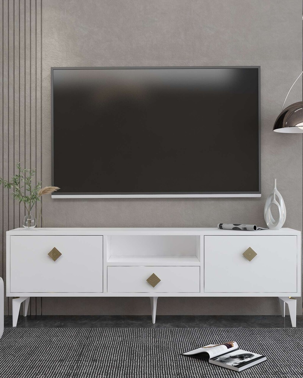 Comoda TV, Hanah Home, 1304-DROP-1, 140x49x30 cm, PAL , Alb/Auriu - view 2