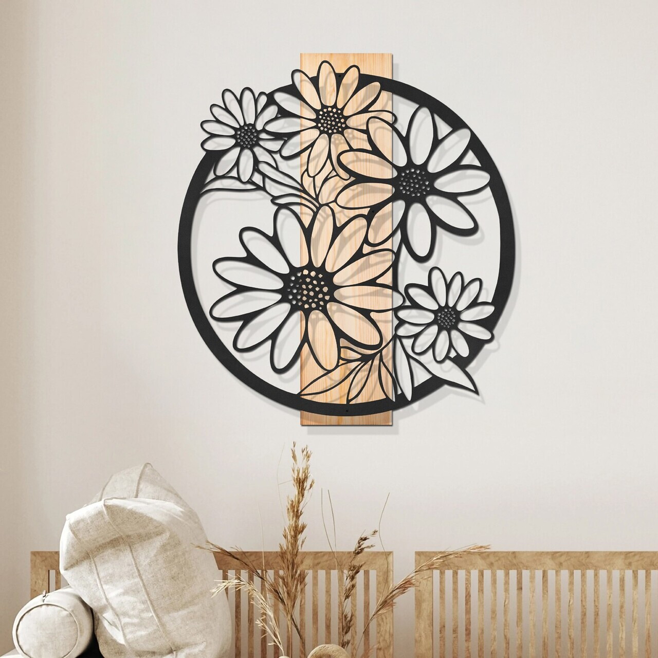 Decoratiune de perete, Marguerite, Cadru: Lemn (Grosime: 2 cm), Natural/Negru — imaginea 3