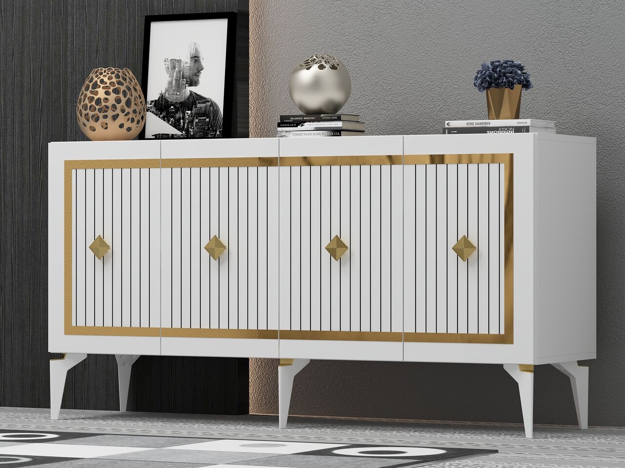 Consola, Hanah Home, Nova, 150x79x40 cm, PAL , Alb/Auriu - view 2