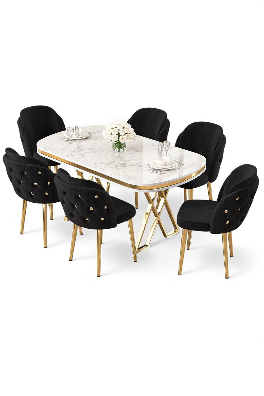 Set masă și scaune (7 piese), Hanah Home, Zae, Marmură albă / Auriu / Negru - view 2